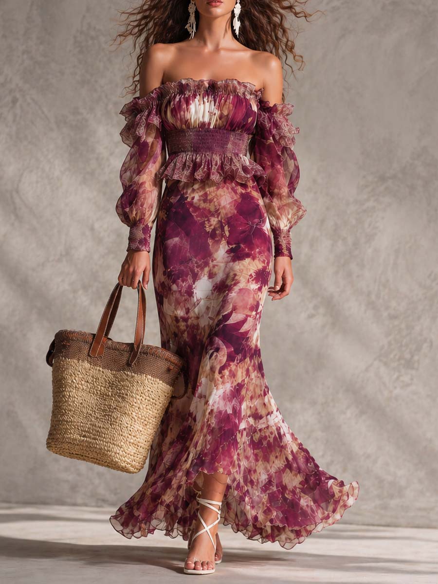Maxi Off-Shoulder Dress in Antique Pink with Floral Pattern