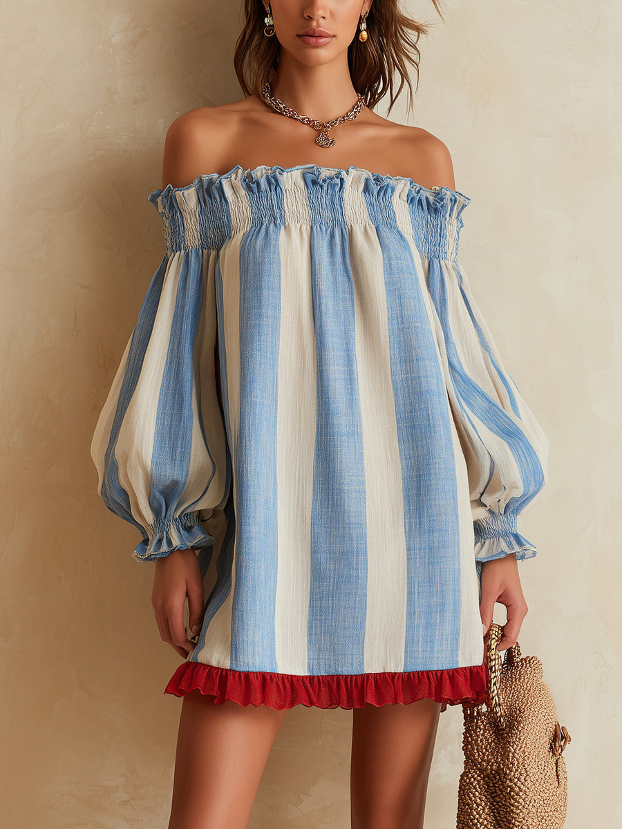 Ondine | Blue and White Striped Mini Dress with Off-the-Shoulder Style and Contrasting Hem