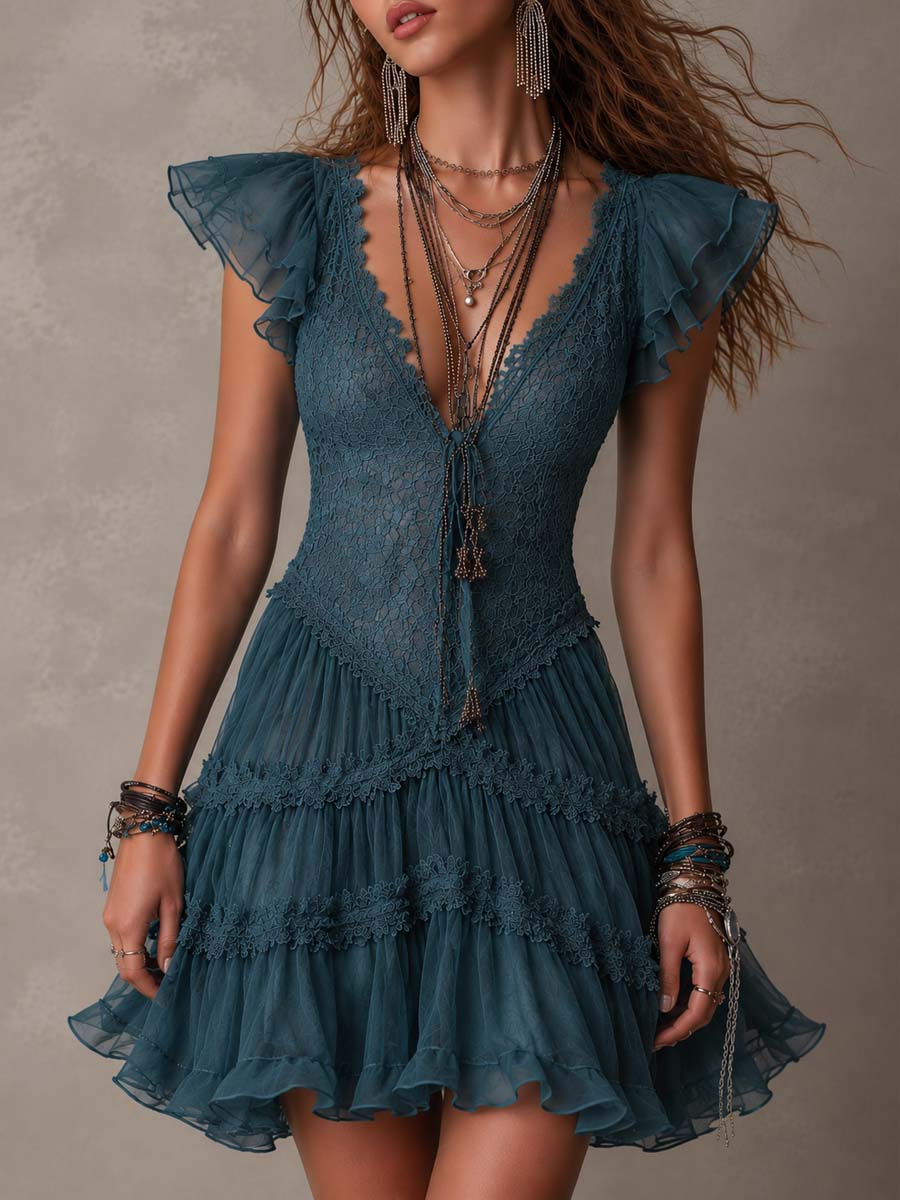 Mini Ruffled Lace Dress in Retro Blue and Chiffon