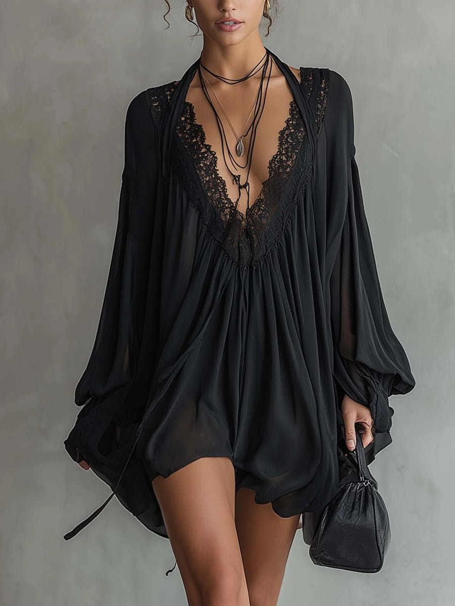Black Chiffon Mini Dress with Lace Collar