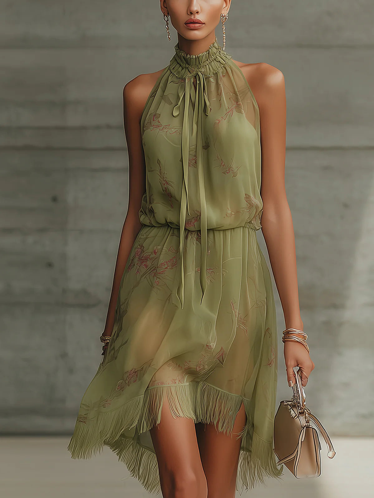 Mini Chiffon Dress with Green Flower and High Waist