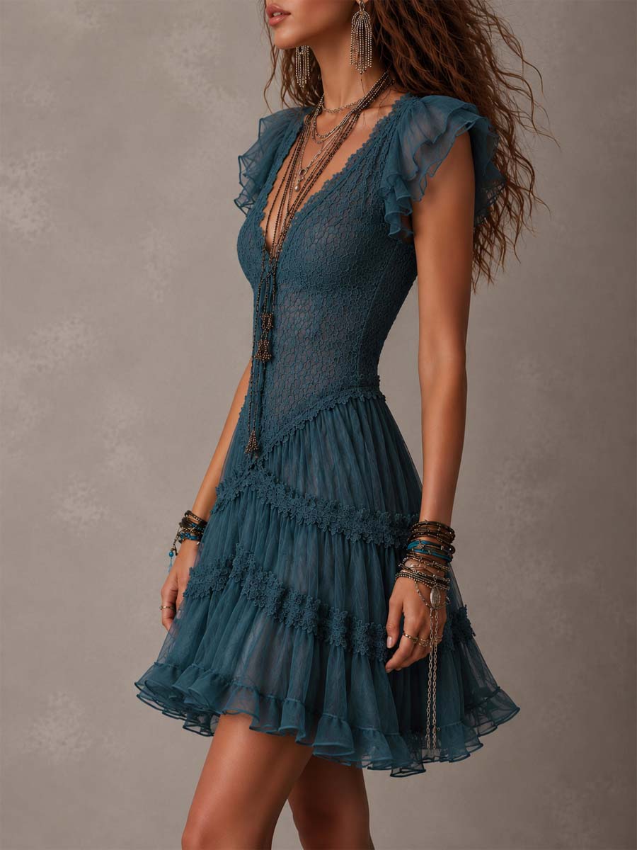 Mini Ruffled Lace Dress in Retro Blue and Chiffon