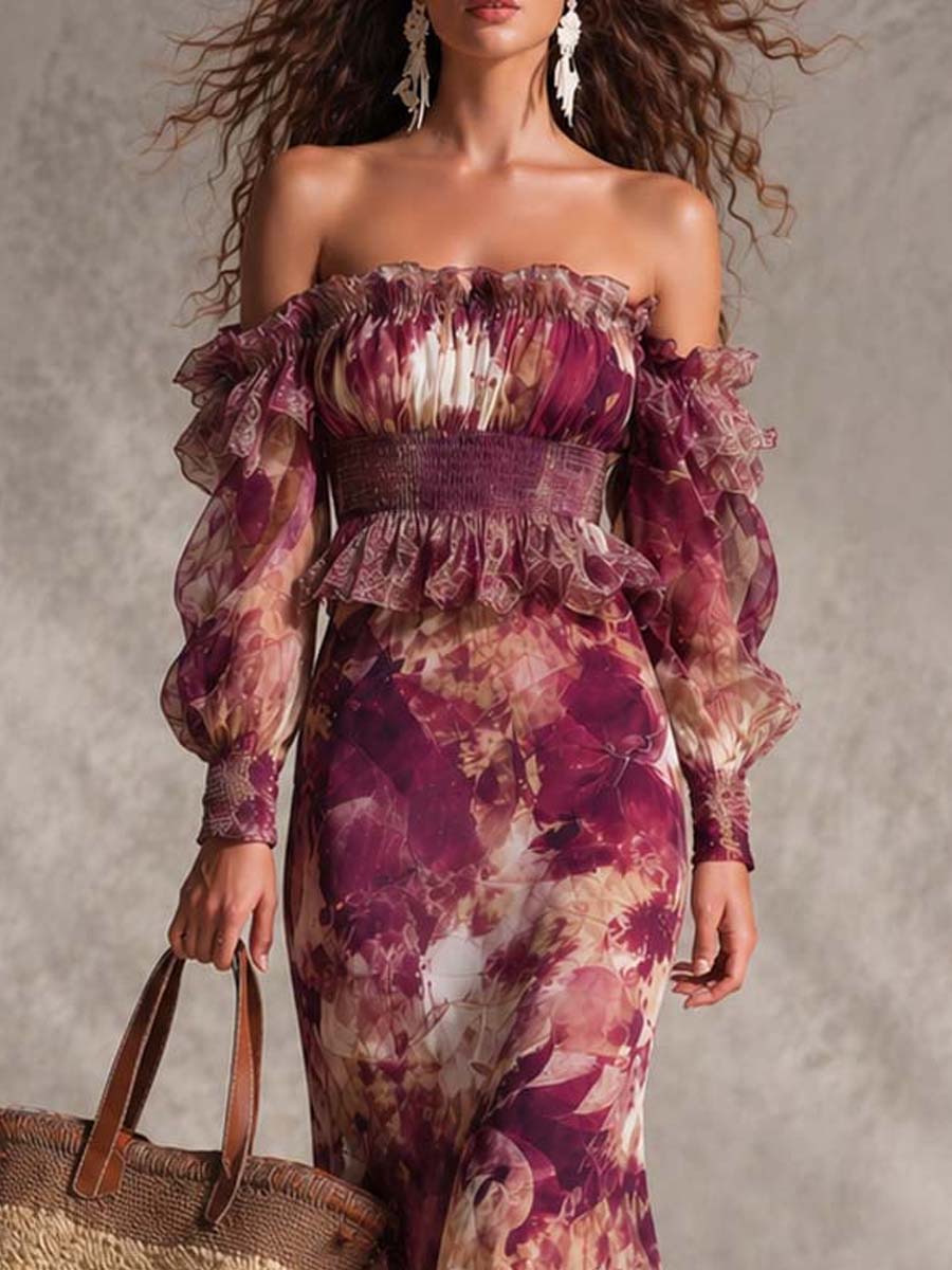 Maxi Off-Shoulder Dress in Antique Pink with Floral Pattern