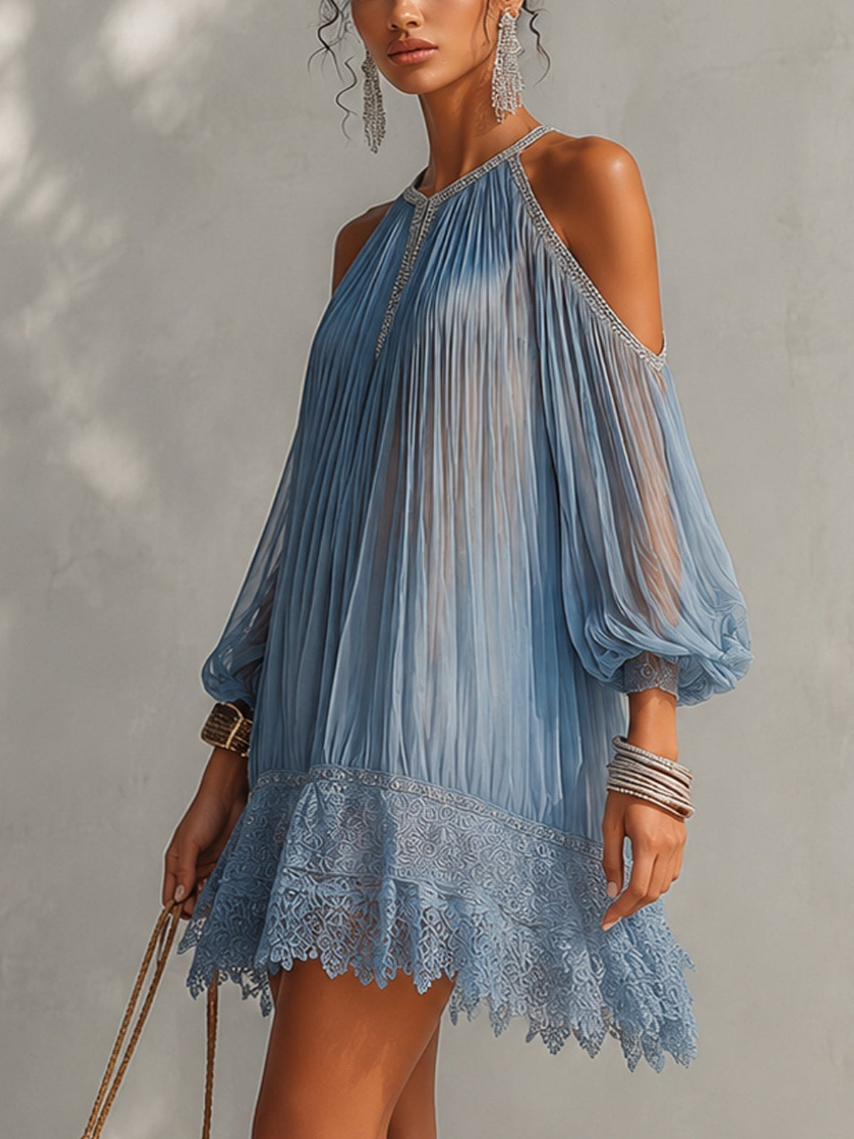 Blue Ruffled Mini Dress with Off-the-Shoulder Sleeves and Lace Hem
