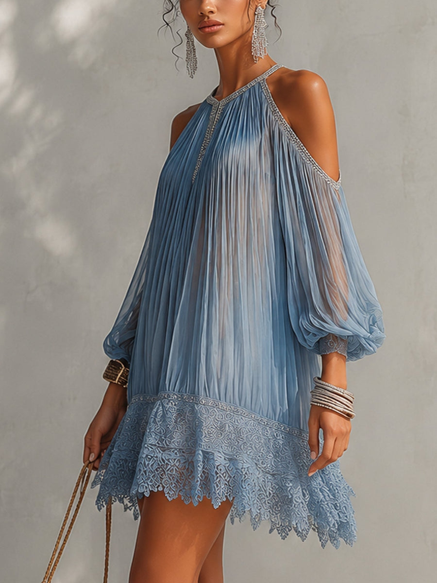 Blue Ruffled Mini Dress with Off-the-Shoulder Sleeves and Lace Hem