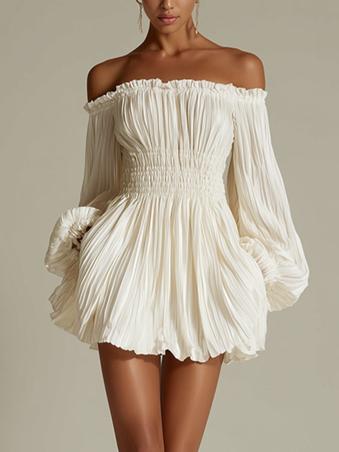 White Mini Dress with Off-Shoulder Design and Ruching at the Waist