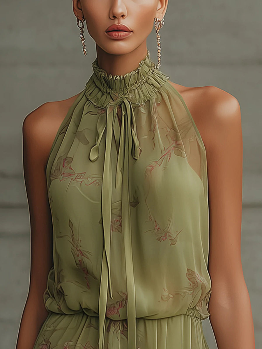 Mini Chiffon Dress with Green Flower and High Waist