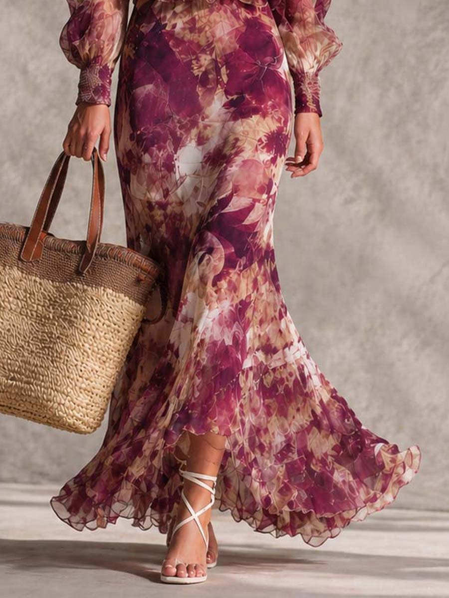 Maxi Off-Shoulder Dress in Antique Pink with Floral Pattern