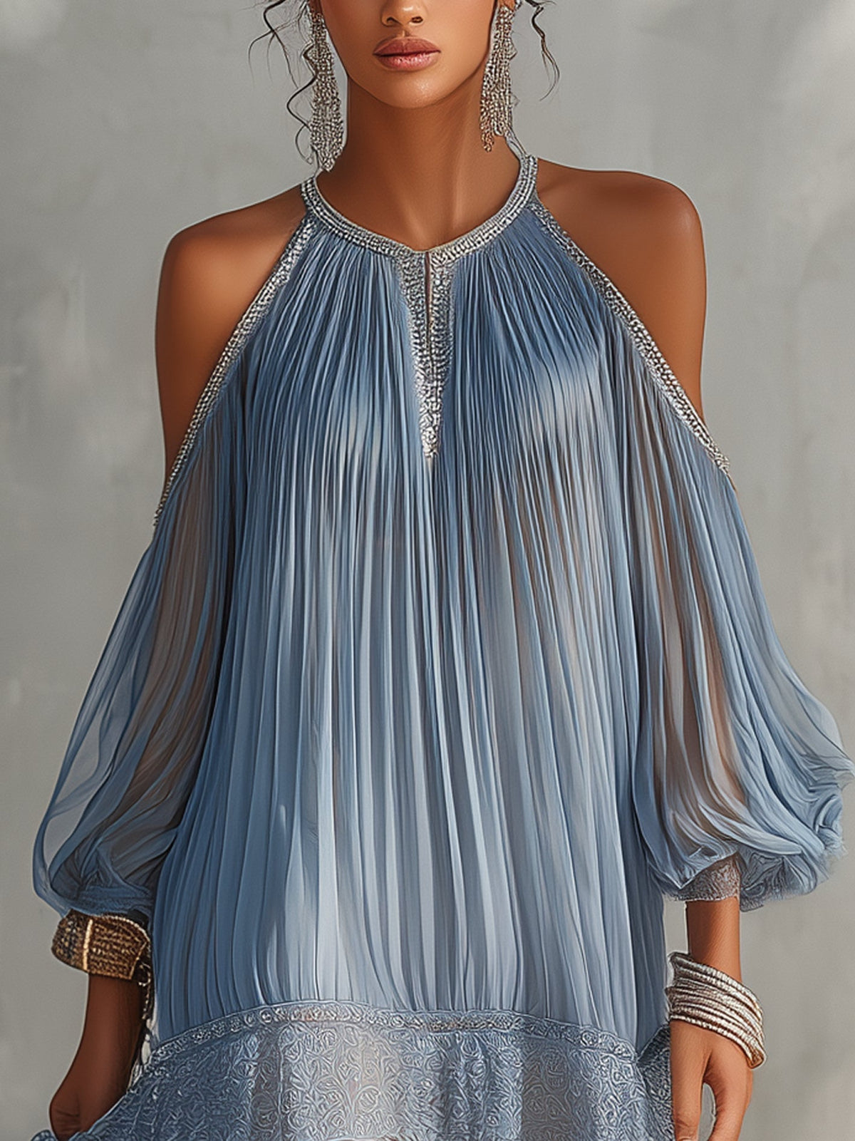 Blue Ruffled Mini Dress with Off-the-Shoulder Sleeves and Lace Hem