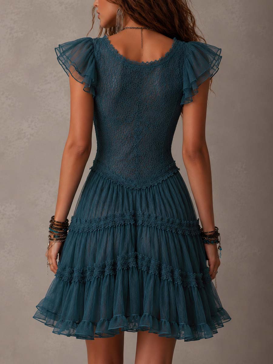 Mini Ruffled Lace Dress in Retro Blue and Chiffon