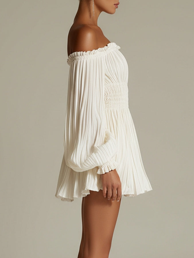 White Mini Dress with Off-Shoulder Design and Ruching at the Waist
