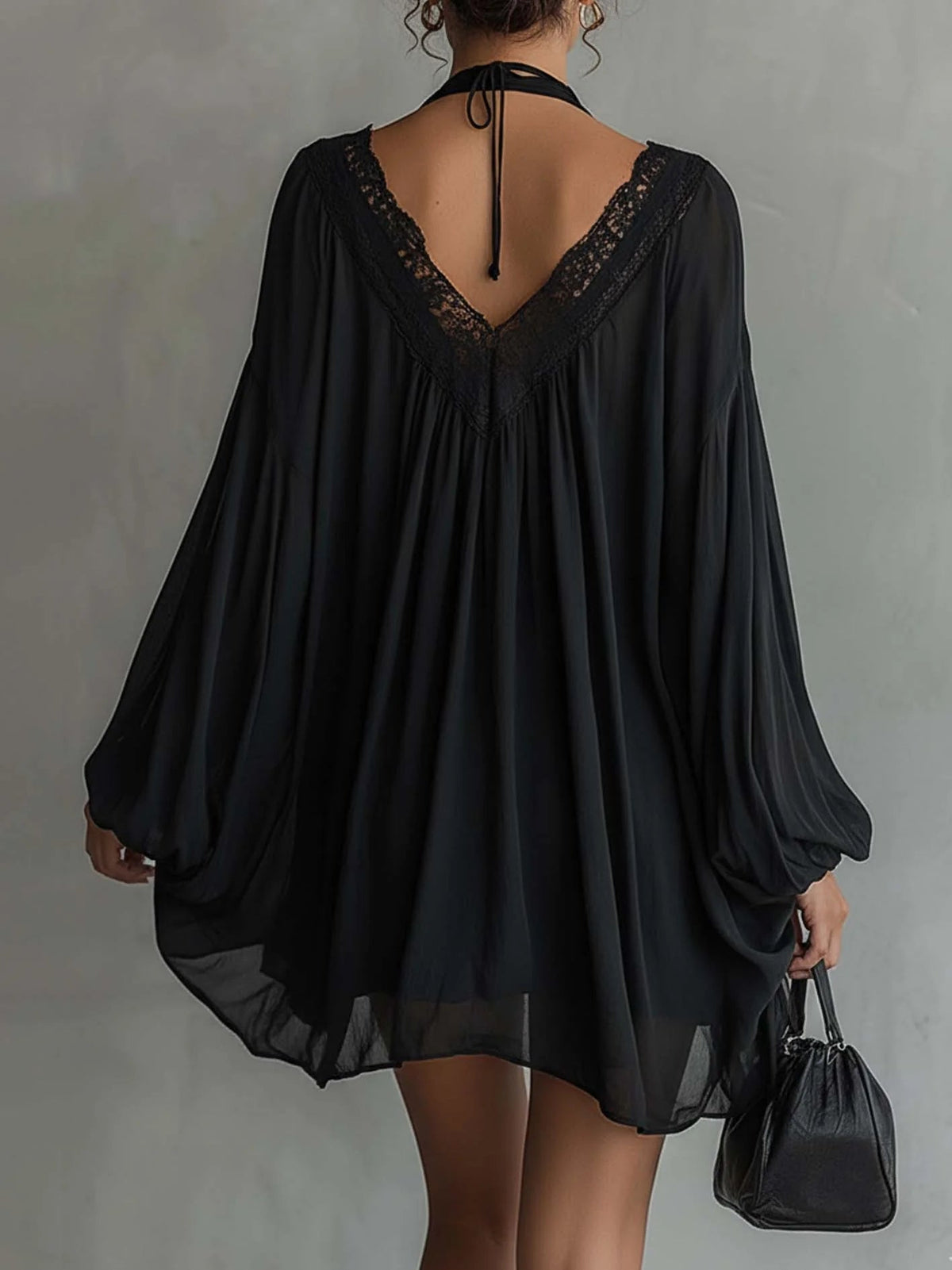 Black Chiffon Mini Dress with Lace Collar