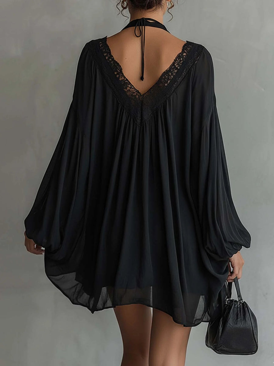 Black Chiffon Mini Dress with Lace Collar