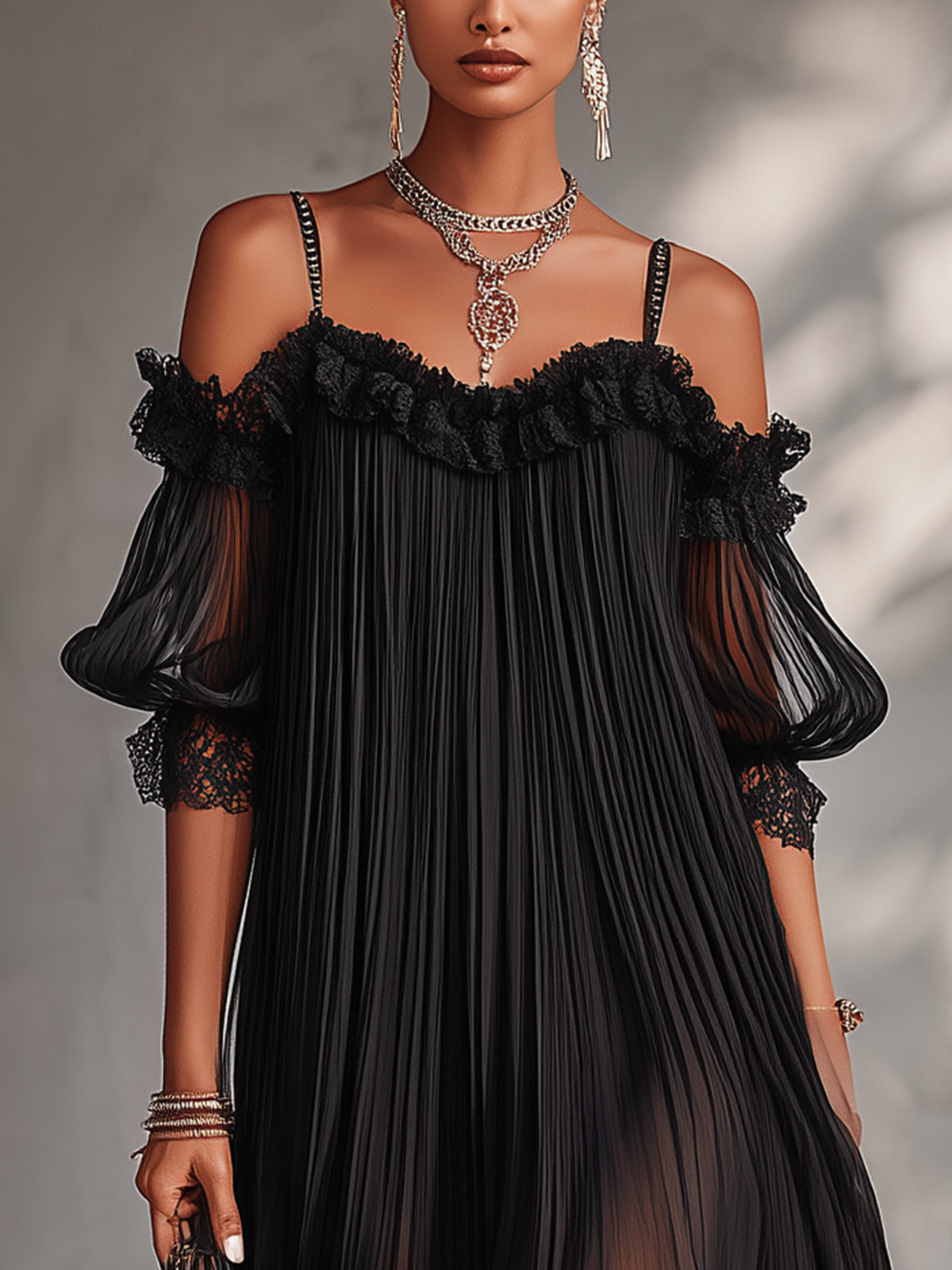 Little Black Dress with Off-Shoulder and Lace Trim