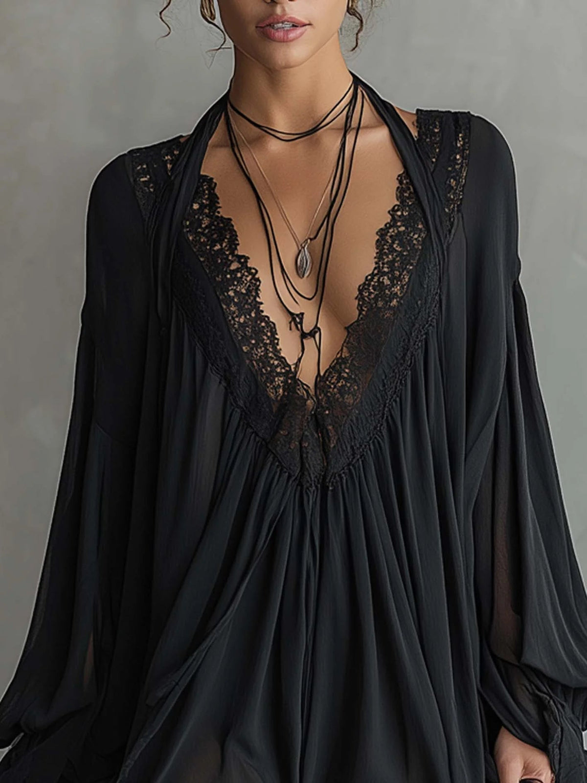 Black Chiffon Mini Dress with Lace Collar