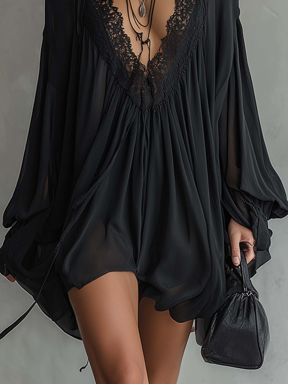 Black Chiffon Mini Dress with Lace Collar