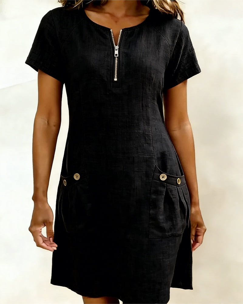 Pippa | Women's Linen Short Sleeve Zip Neck A-Line Mini Dress