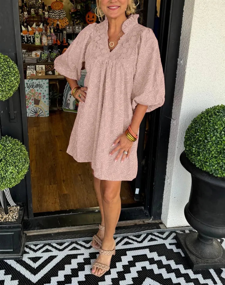 Tesia | Women's Jacquard Mini Dress V-Neck Puff Sleeve Occasion Dress