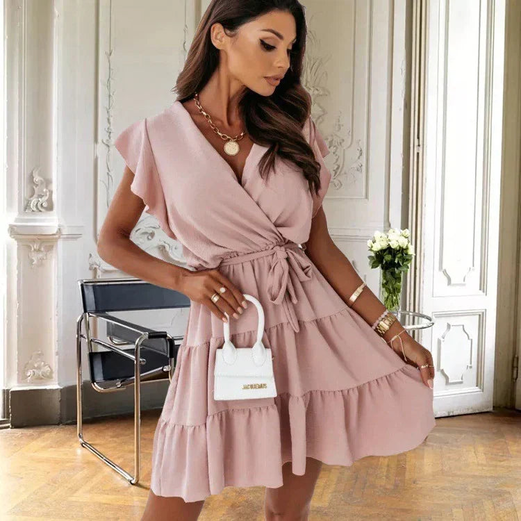 Nora | Women's Wrap V-Neck Mini Dress With Ruffle Hem