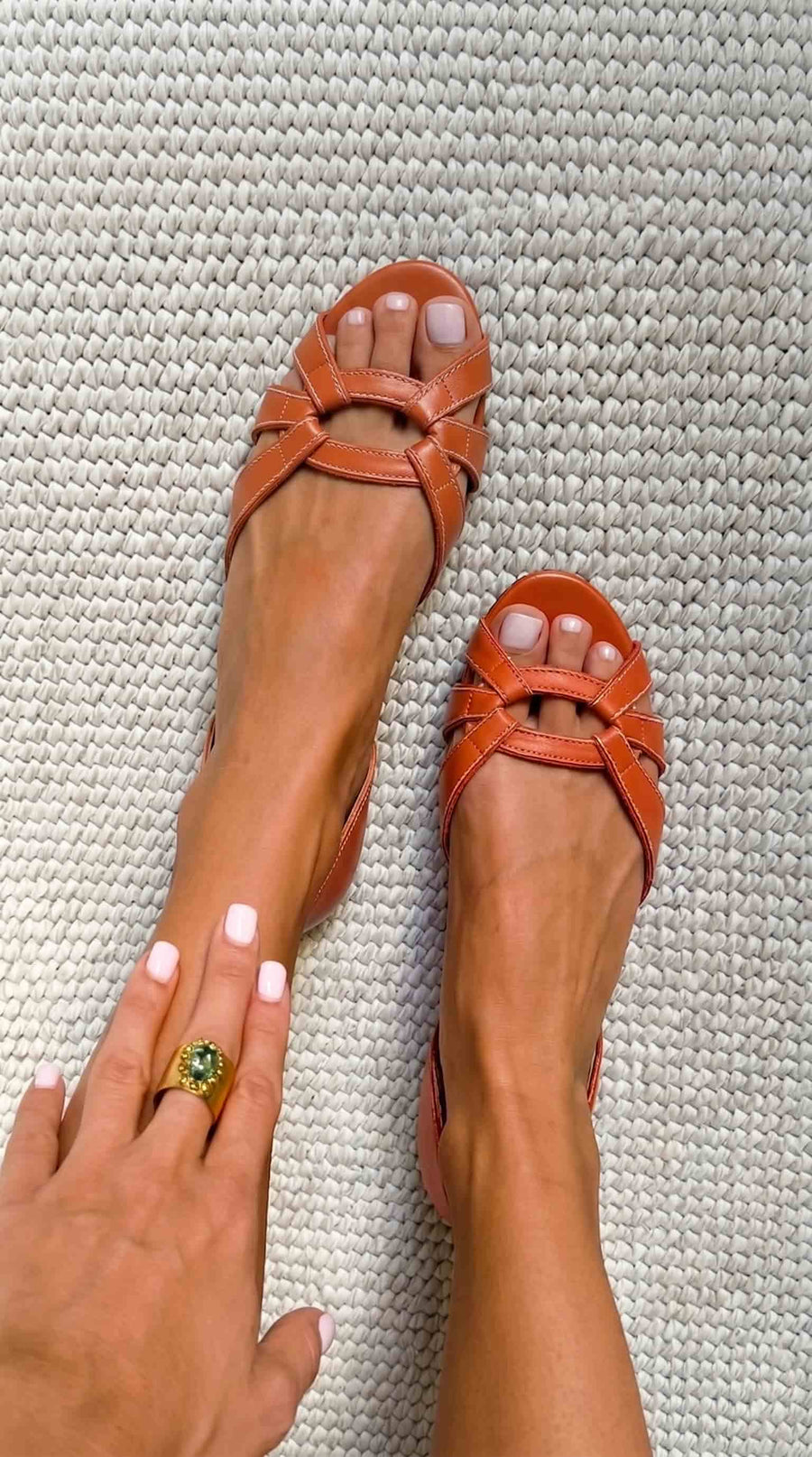Strappy Cutout Open Toe Slingback Cognac Flat Sandals