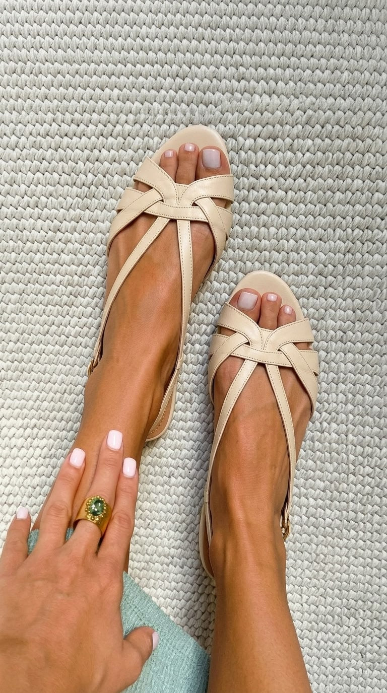 Criss Cross Peep Toe Slingback Nude Flat Sandals
