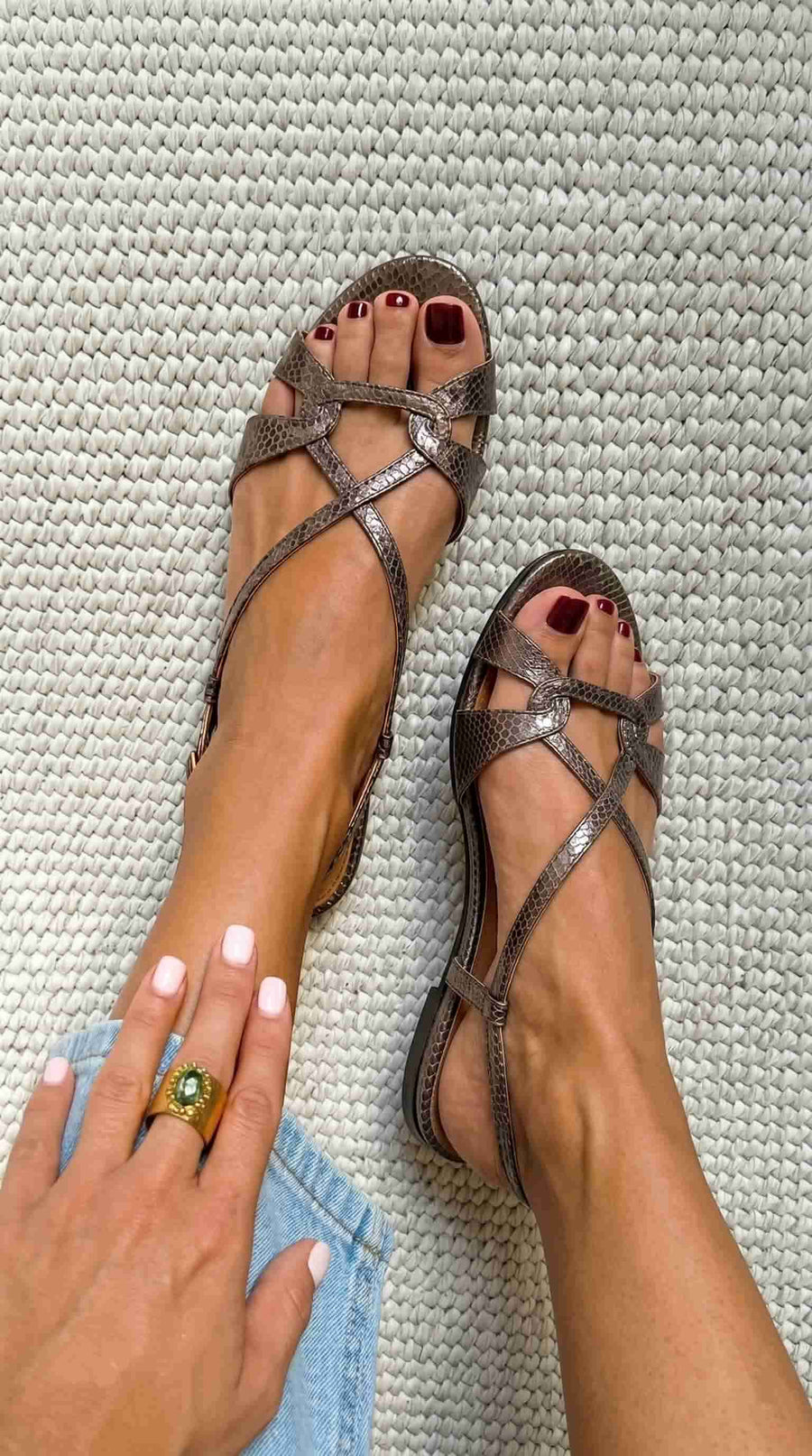 Snake Print Open Toe Slingback Bronze Flat Sandals