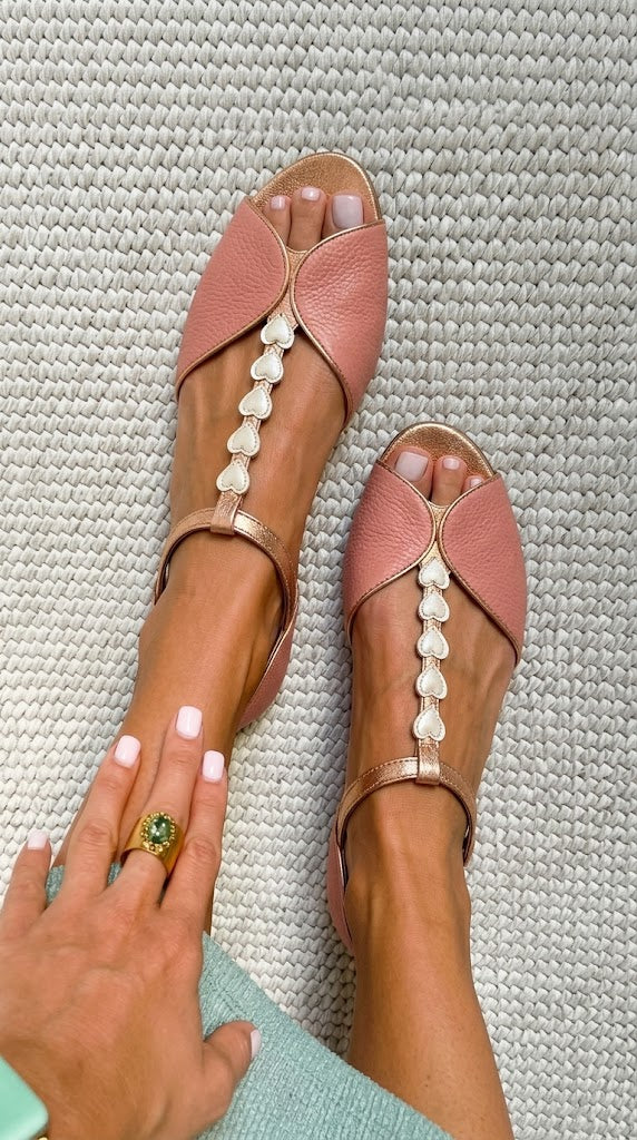 Heart Detail Peep Toe T-Strap Pink Flat Sandals