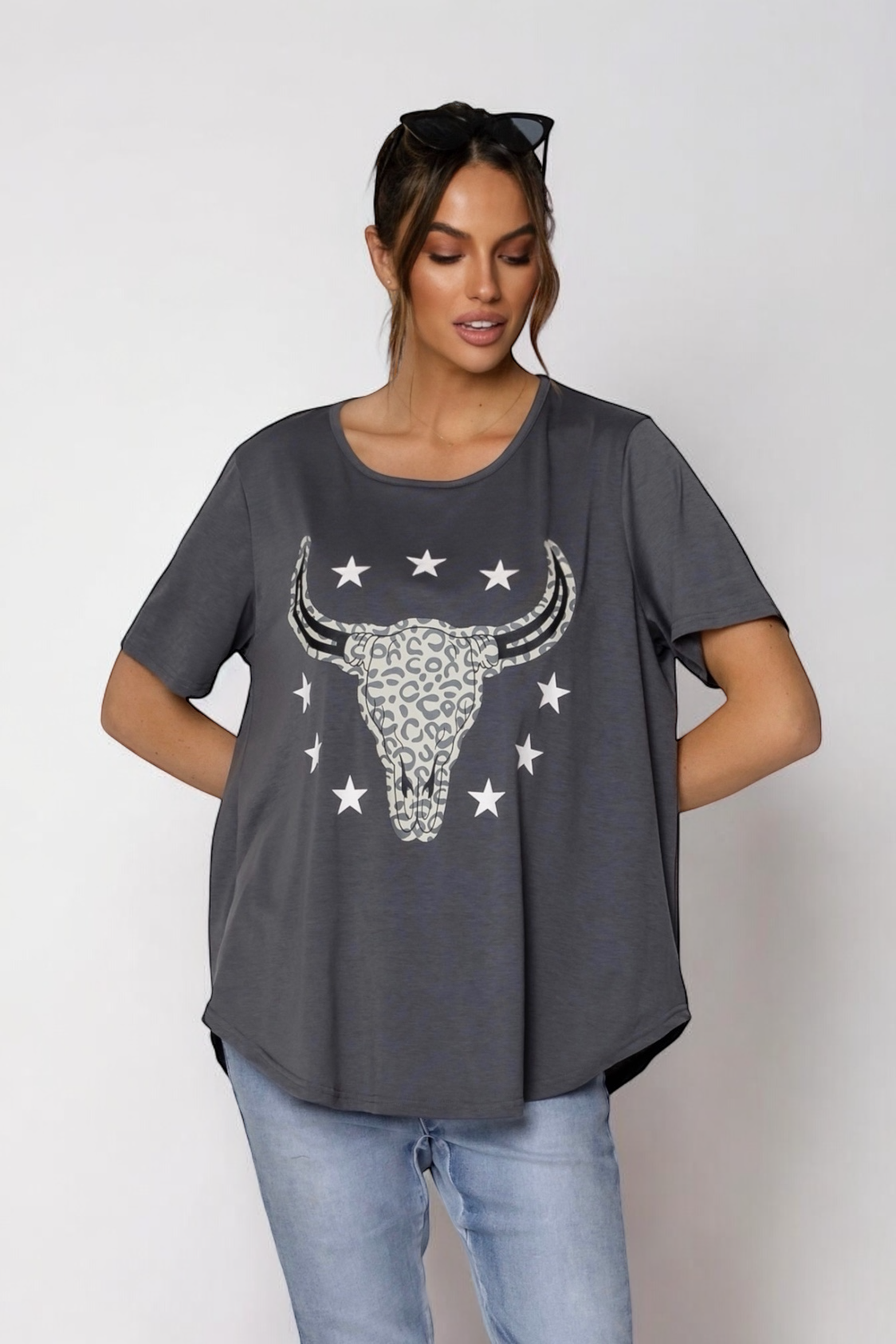 Jordy Leopard Steer Tee- Steel