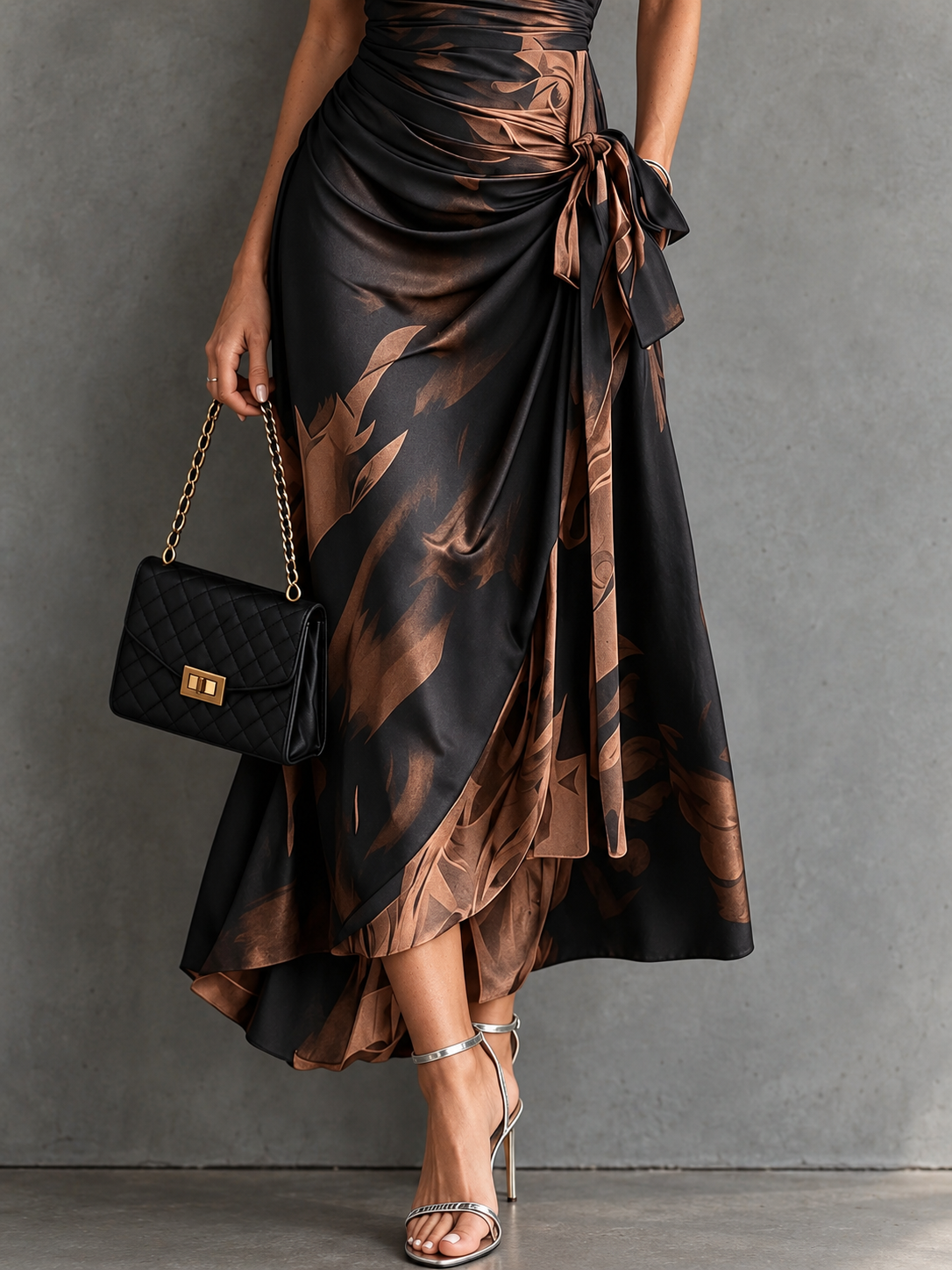 Brown Black Abstract Print Wrap Midi Dress Collared V Neck Short Sleeve Tie Waist Ruffled High‑Low Hem Dress