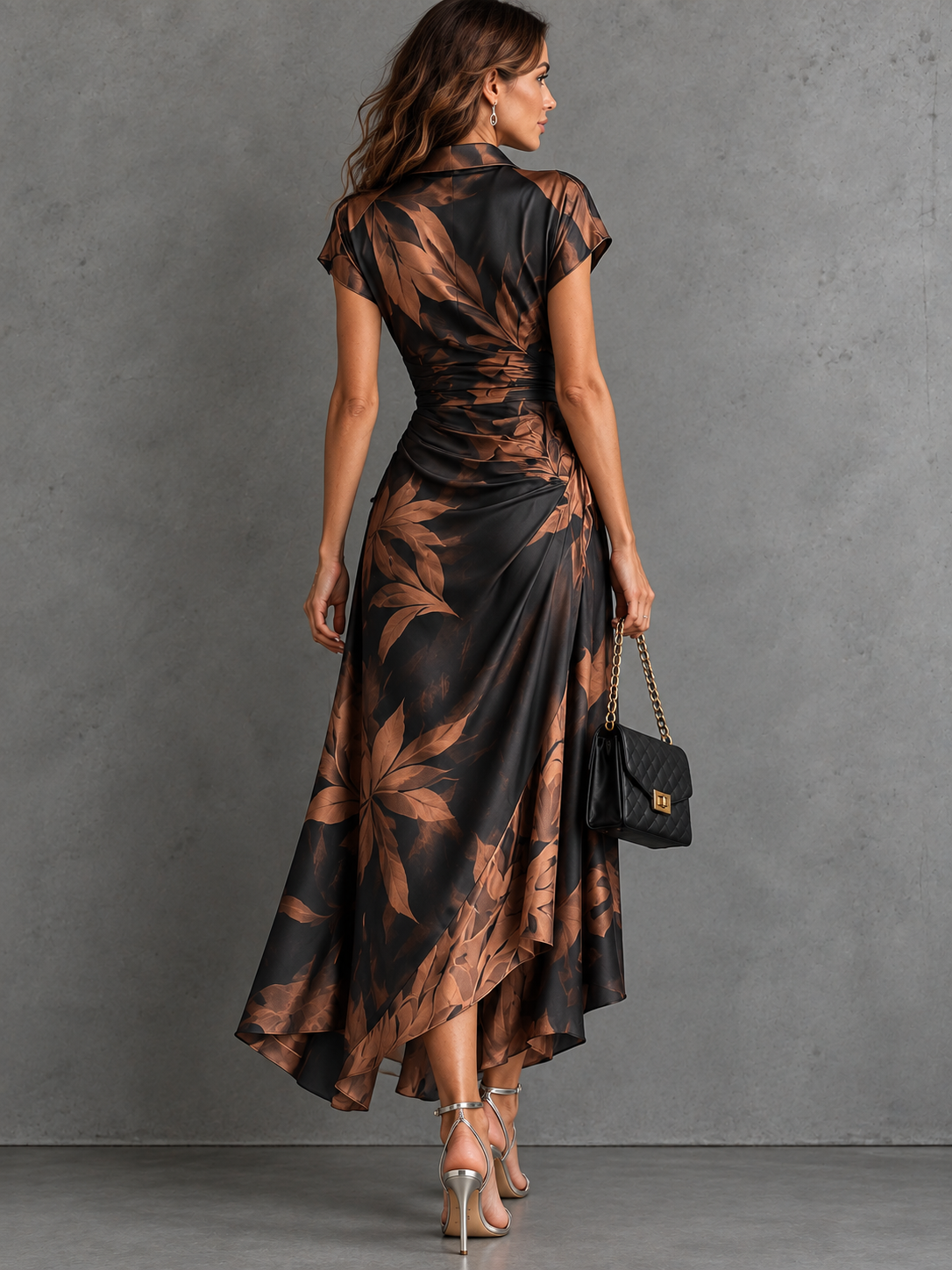 Brown Black Abstract Print Wrap Midi Dress Collared V Neck Short Sleeve Tie Waist Ruffled High‑Low Hem Dress