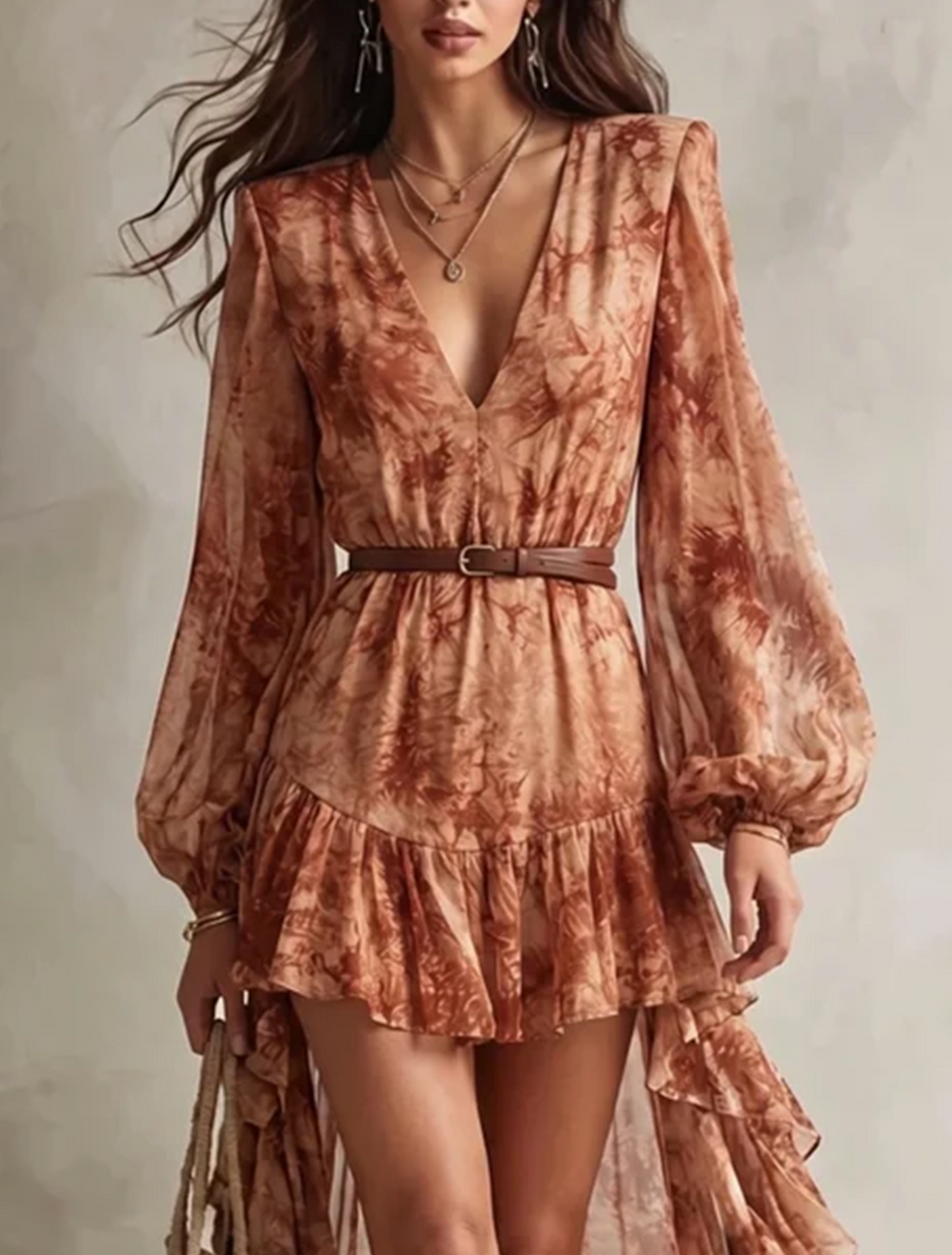 Long Sleeve Mini Dress with V-Neck and Terracotta Floral Print