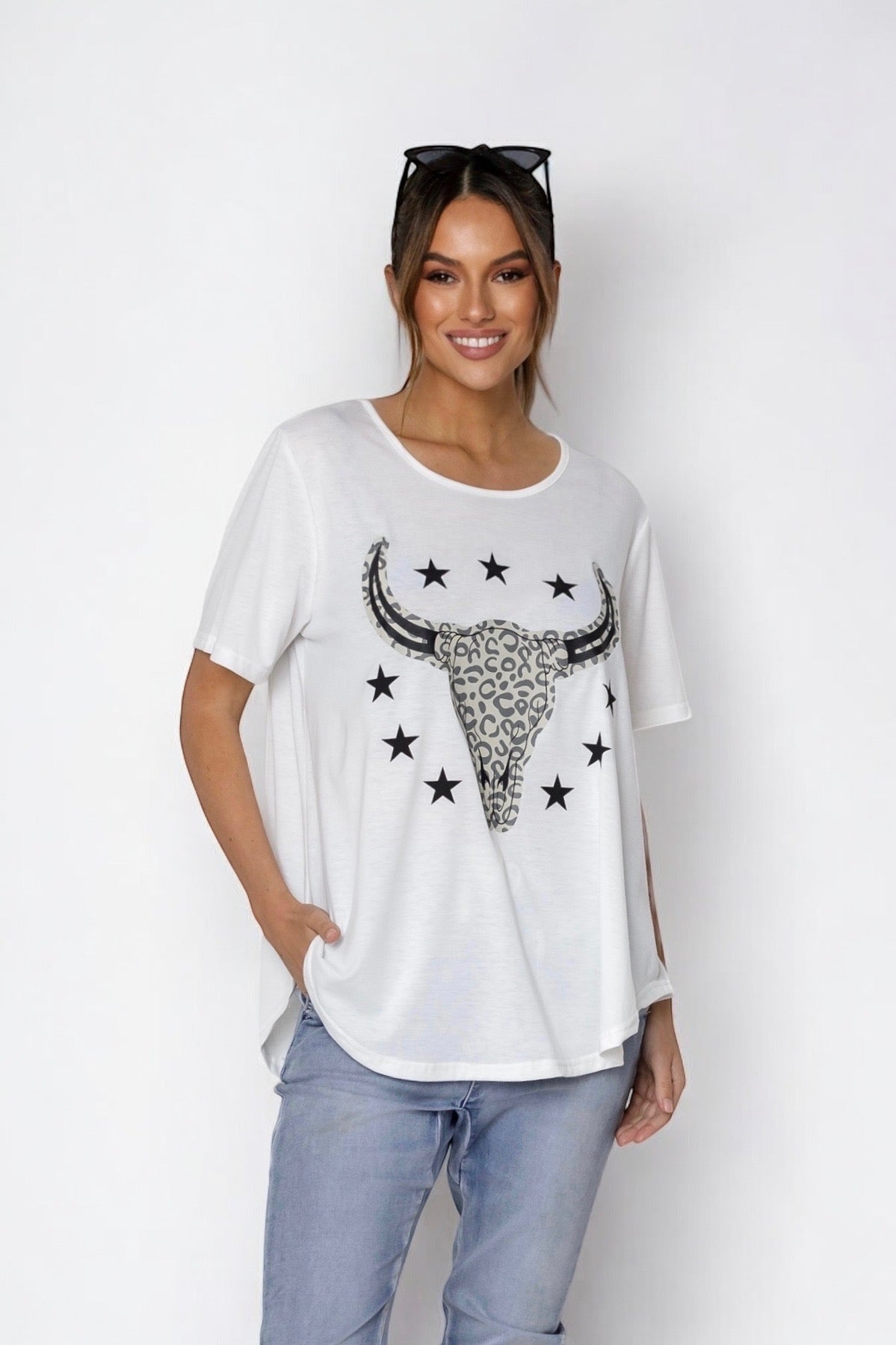 Jordy Leopard Steer Tee- White (EOFY SALE)
