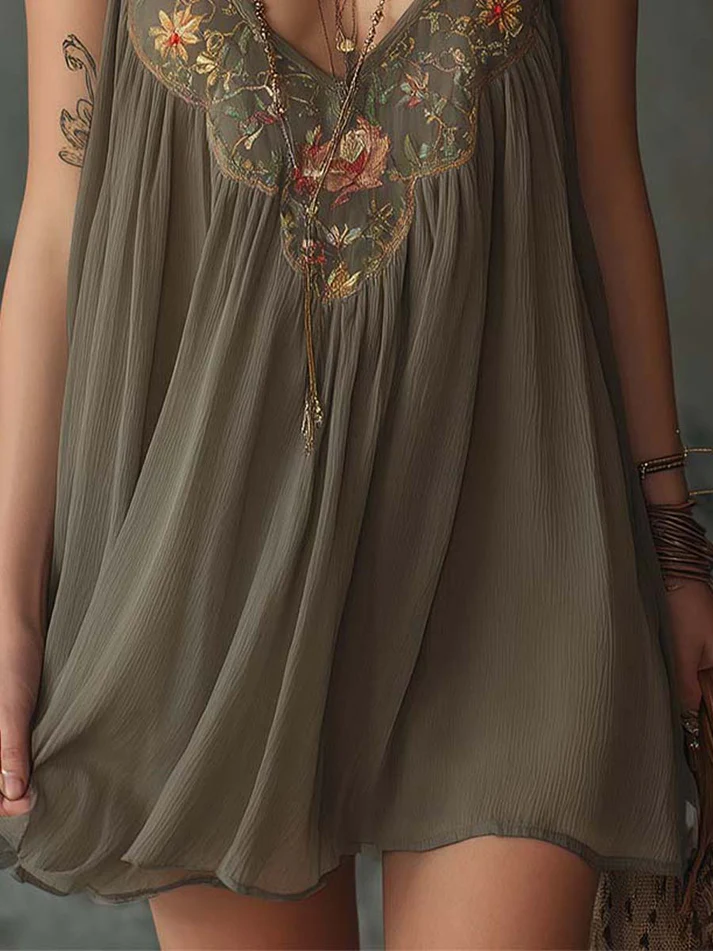 Gray Mini Long Dress with Floral Print