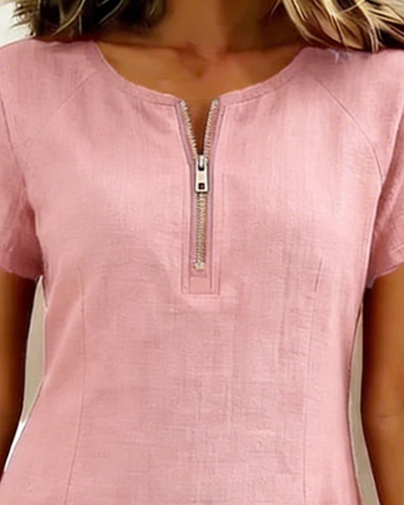 Pippa | Women's Linen Short Sleeve Zip Neck A-Line Mini Dress