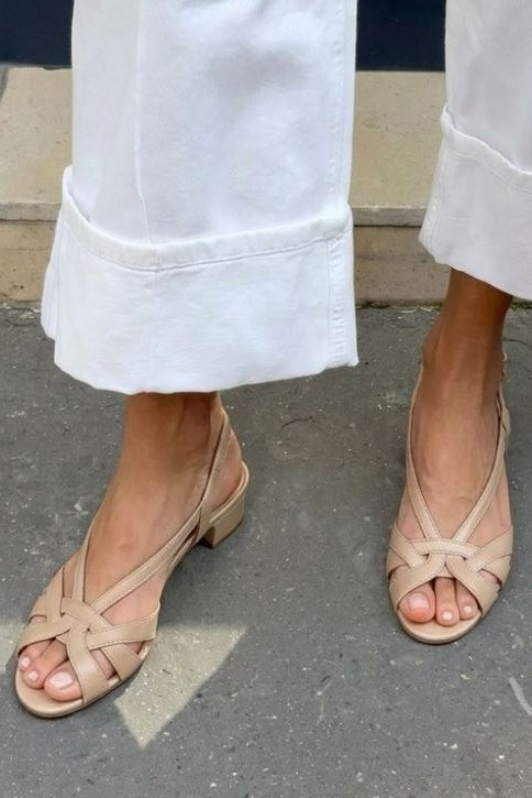 Nude Leather Cross Strap Slingback Low Heel Sandals