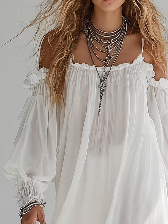 Bohemian Style Floating Mini Dress with Off-the-Shoulder Sleeves