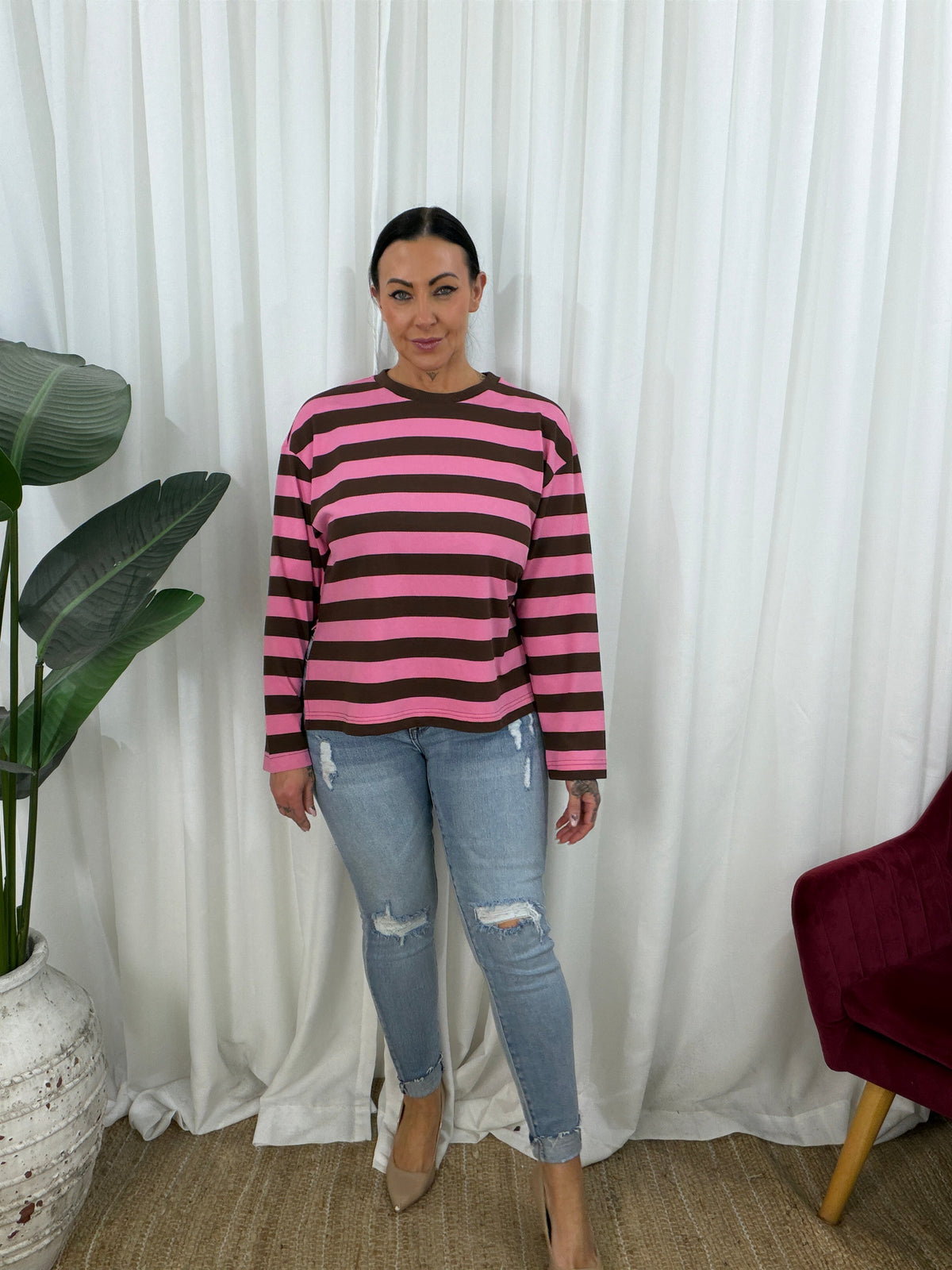 Raven Long Sleeve Top- Pink/Choc