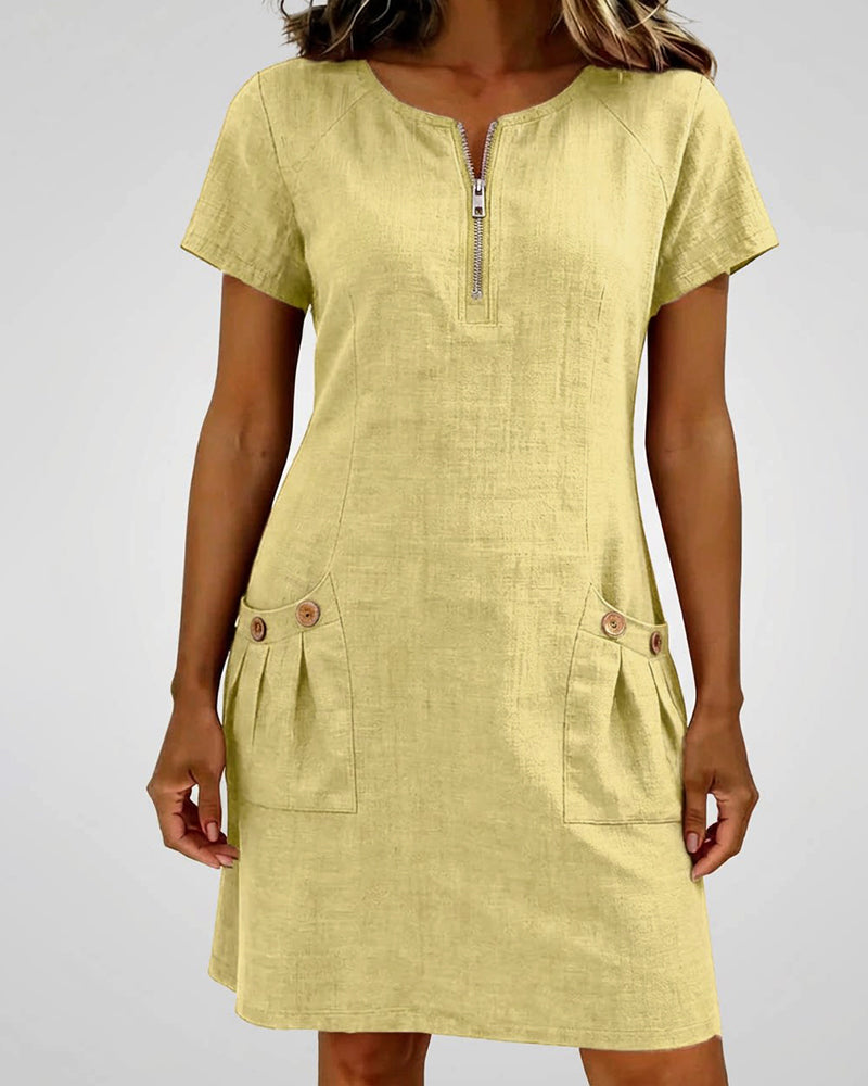 Pippa | Women's Linen Short Sleeve Zip Neck A-Line Mini Dress