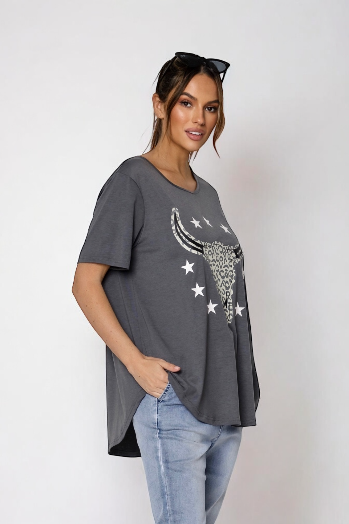 Jordy Leopard Steer Tee- Steel