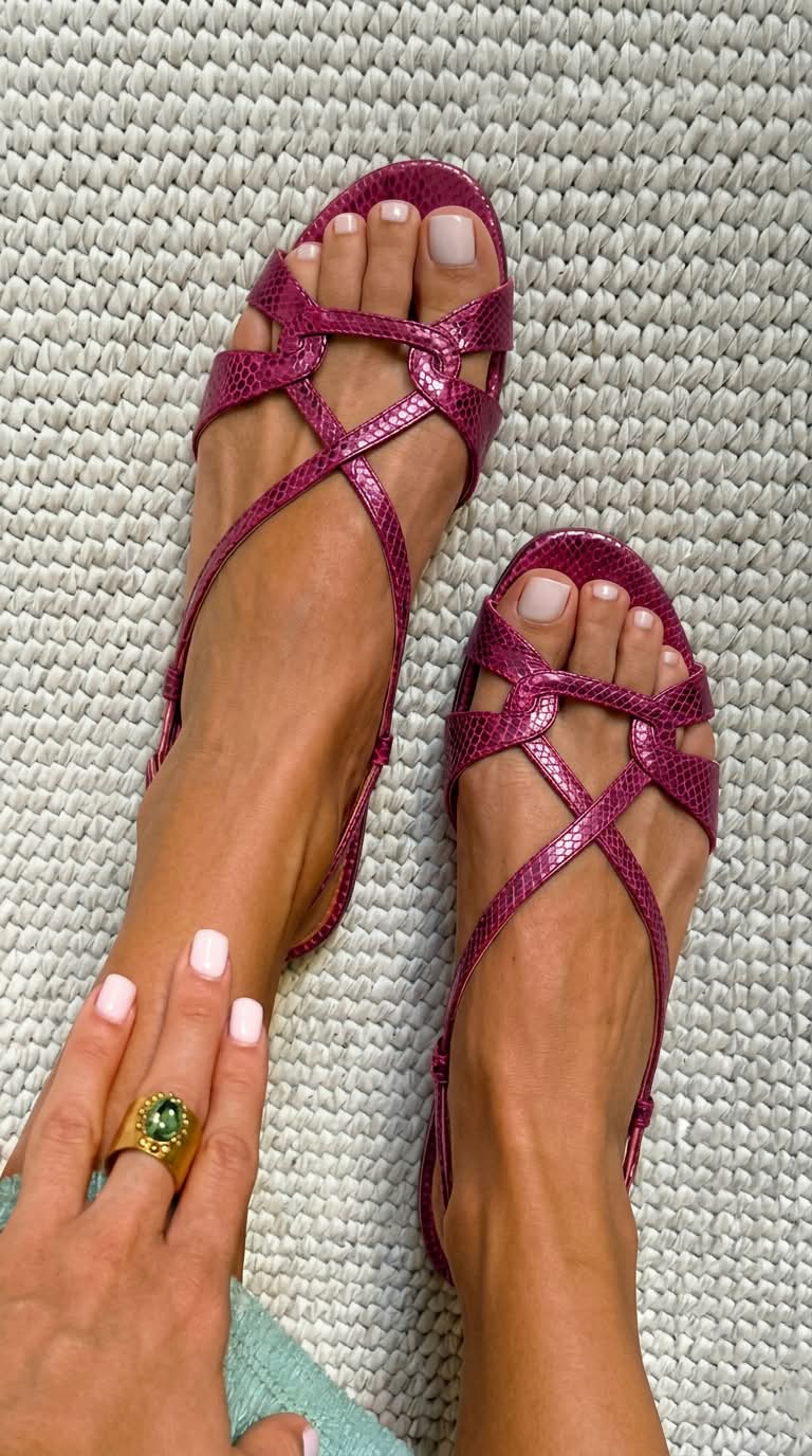 Snake Print Open Toe Slingback Bronze Flat Sandals
