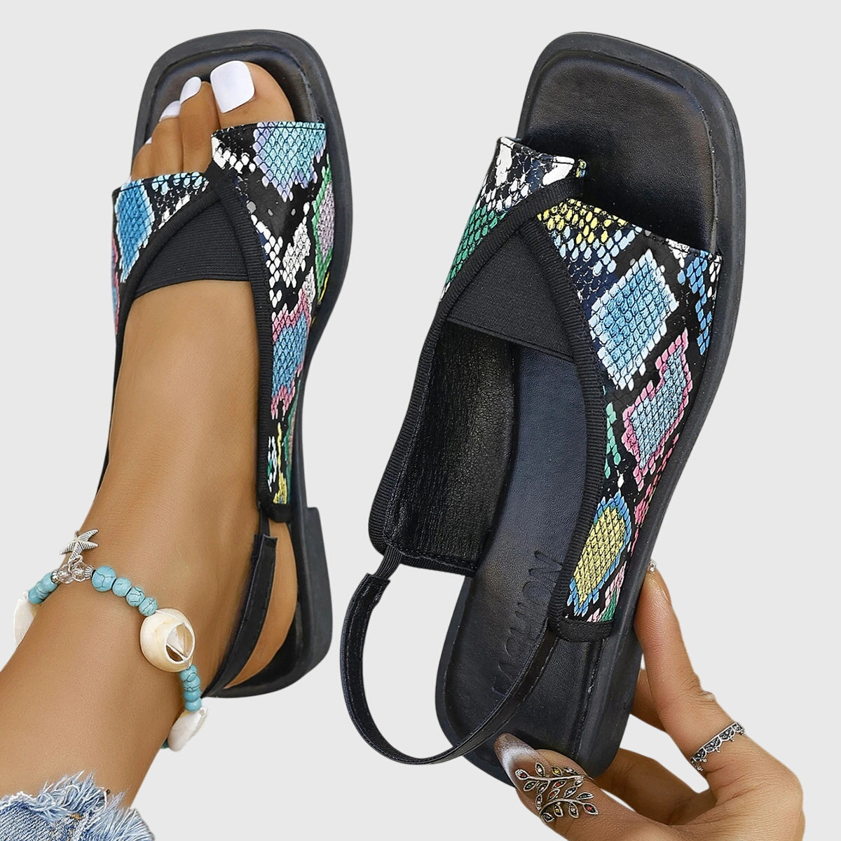 Zola | Women's Square Toe Slingback Flat Sandals Colour Block