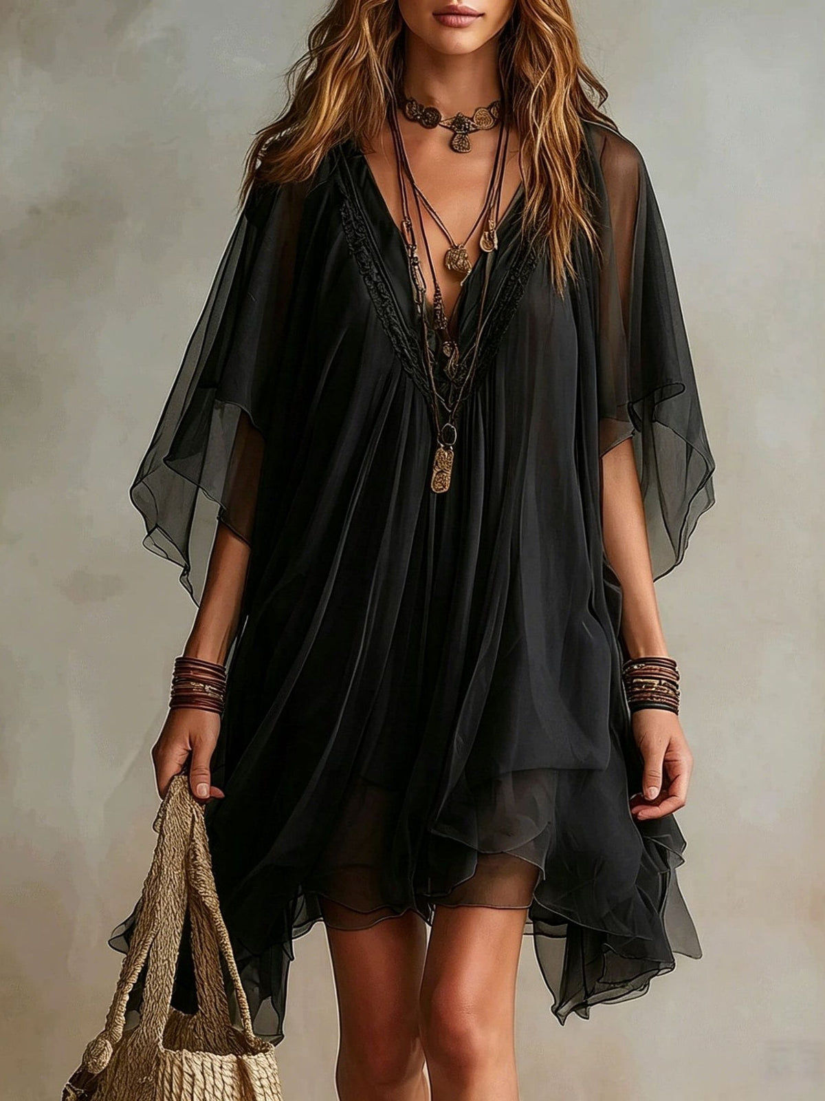 Layered fluid mini dress with V-neck in green