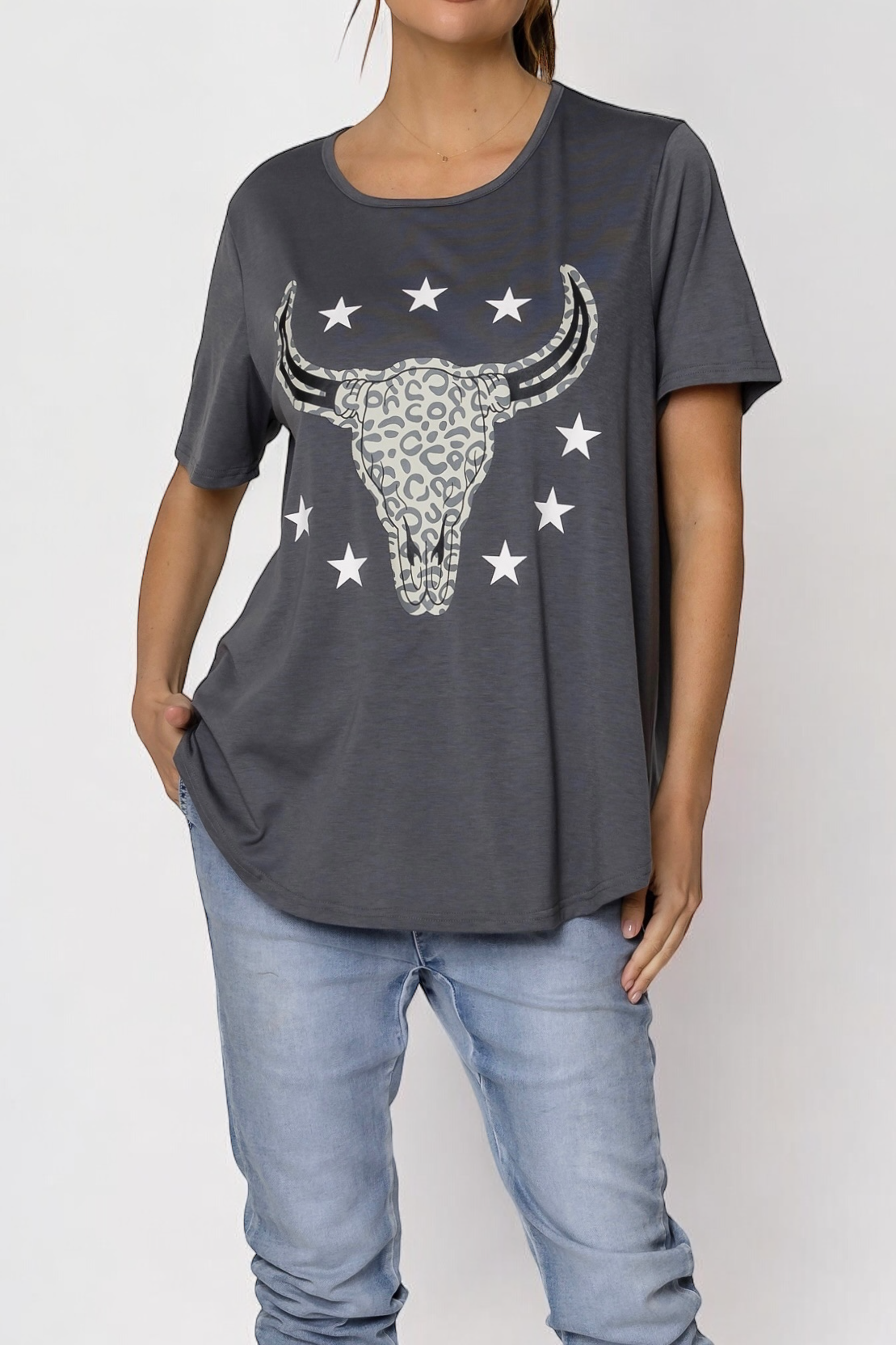 Jordy Leopard Steer Tee- Steel
