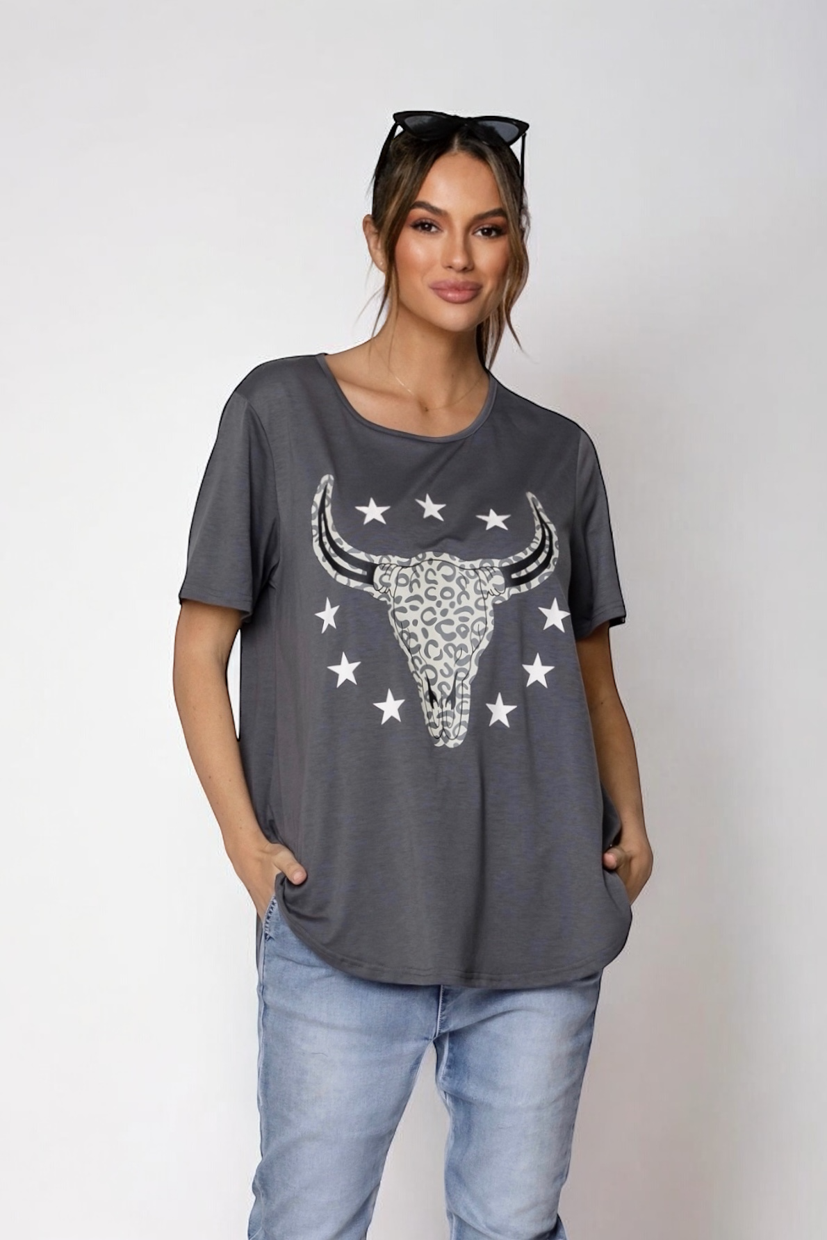 Jordy Leopard Steer Tee- Steel