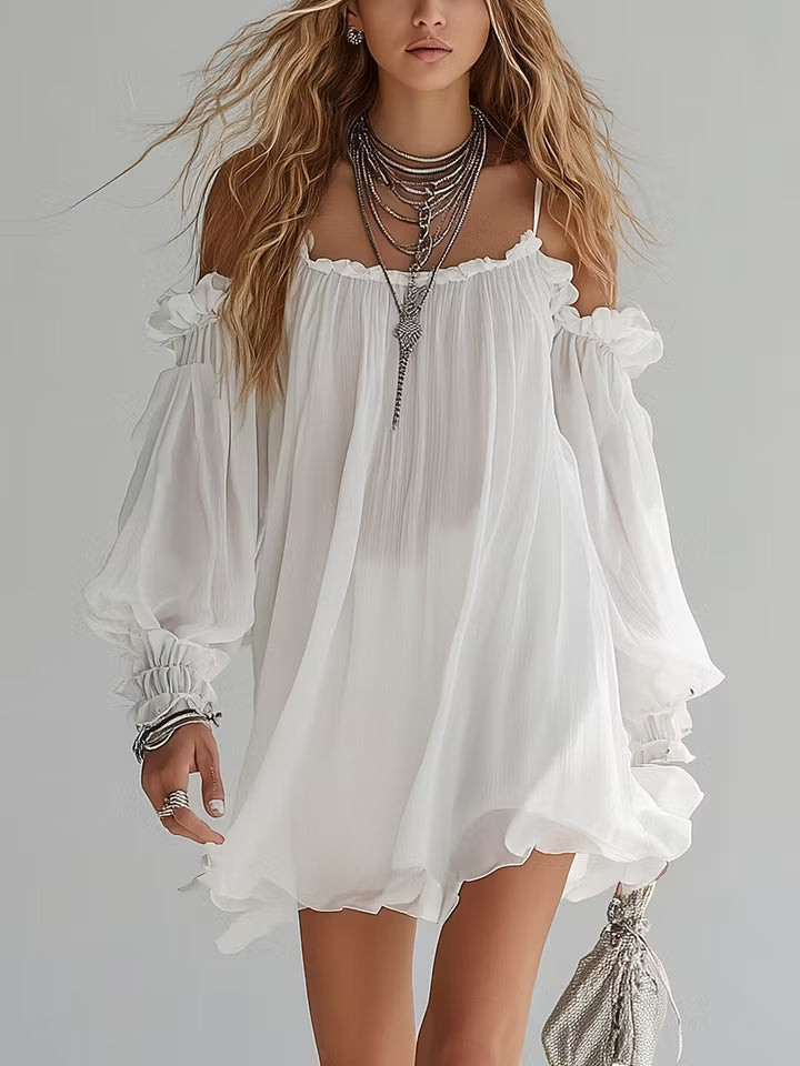 Bohemian Style Floating Mini Dress with Off-the-Shoulder Sleeves