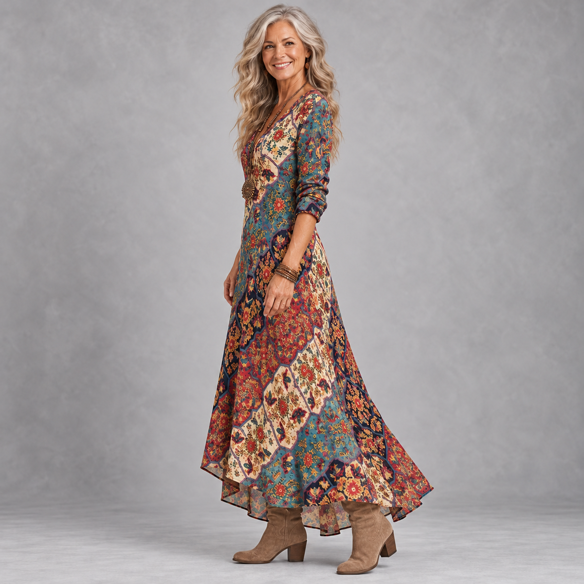 Lydia | Patchwork Print Long-Sleeve Maxi Dress