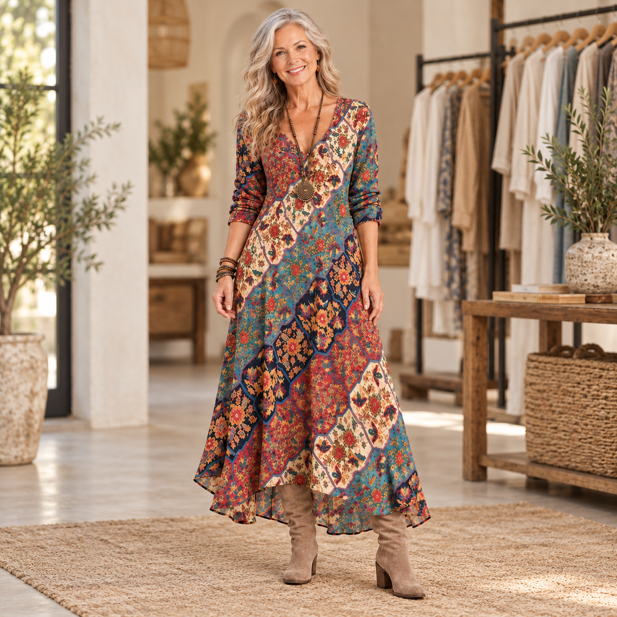 Lydia | Patchwork Print Long-Sleeve Maxi Dress