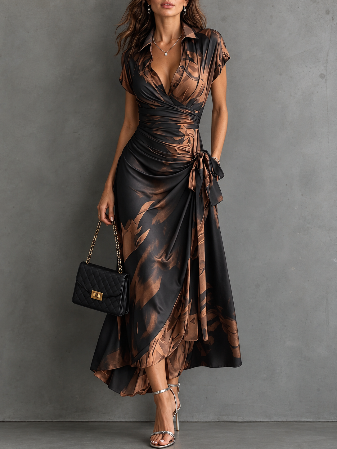 Brown Black Abstract Print Wrap Midi Dress Collared V Neck Short Sleeve Tie Waist Ruffled High‑Low Hem Dress