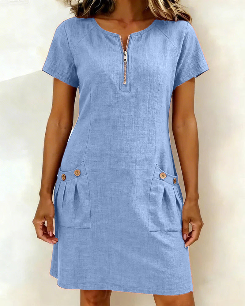 Pippa | Women's Linen Short Sleeve Zip Neck A-Line Mini Dress