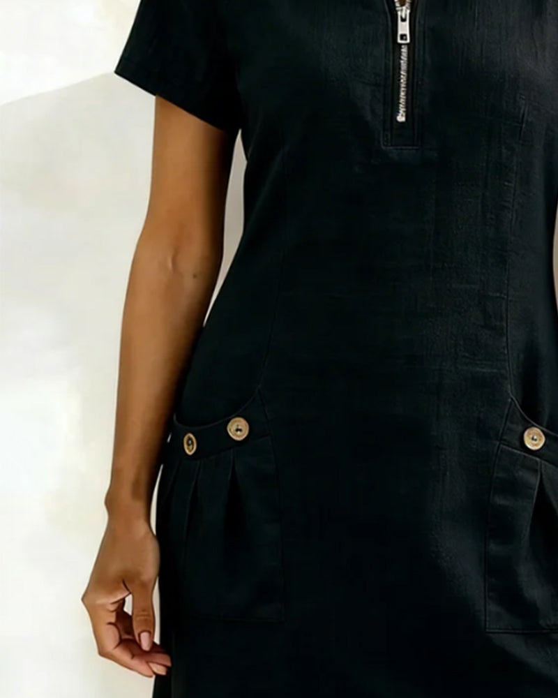 Pippa | Women's Linen Short Sleeve Zip Neck A-Line Mini Dress